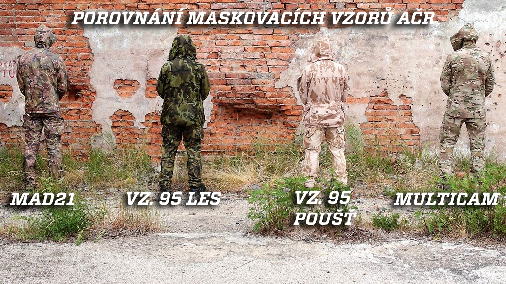 Porovnání maskovacích vzorů AČR - MAD21, vz.95 les, vz.95 poušť a multicam